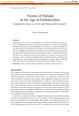 Visions of Finland in the Age of Globalization Competition State Or a Fair and Responsible Nation?1