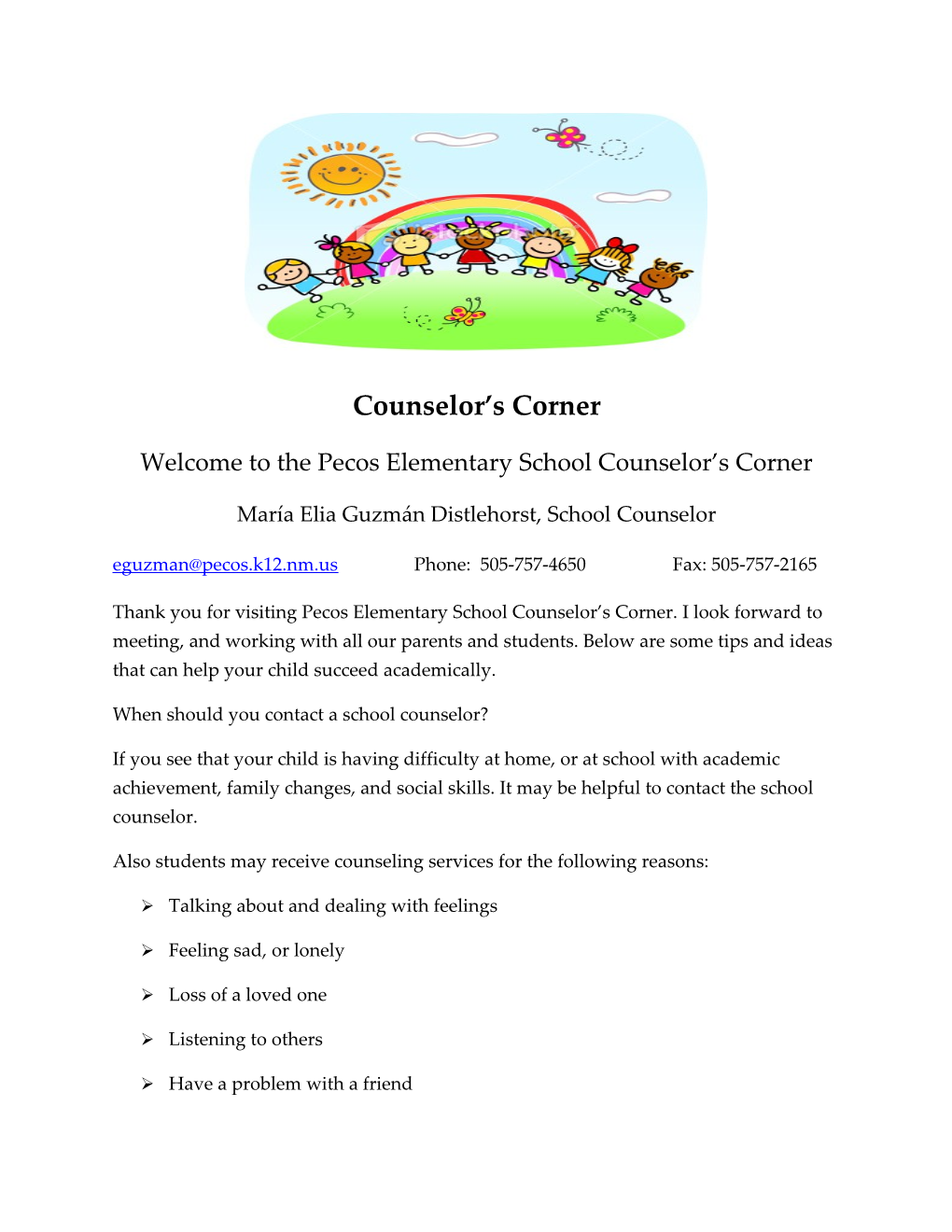 Welcome to the Pecos Elementary School Counselor S Corner