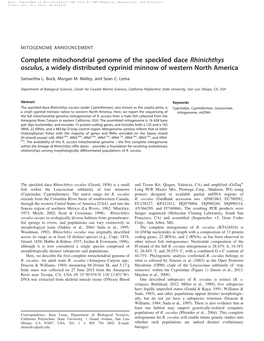 Complete Mitochondrial Genome of the Speckled Dace Rhinichthys Osculus, a Widely Distributed Cyprinid Minnow of Western North America