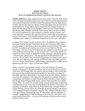 JIMMY OWENS 2012 NEA Jazz Master 2012 A. B. Spellman Jazz Masters Award for Jazz Advocacy