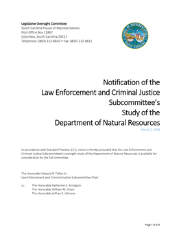 Notification of the Law Enforcement and Criminal Justice Subcommittee's Study of the Department of Natural Resources