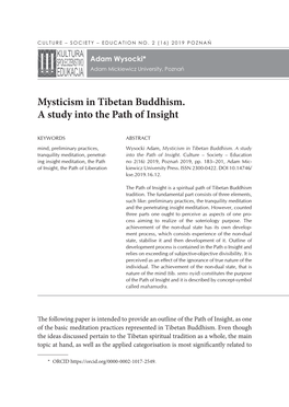 Mysticism in Tibetan Buddhism. a Study Into the Path of Insight1