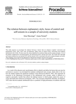The Relation Between Explanatory Style, Locus of Control and Self-Esteem in a Sample of University Students