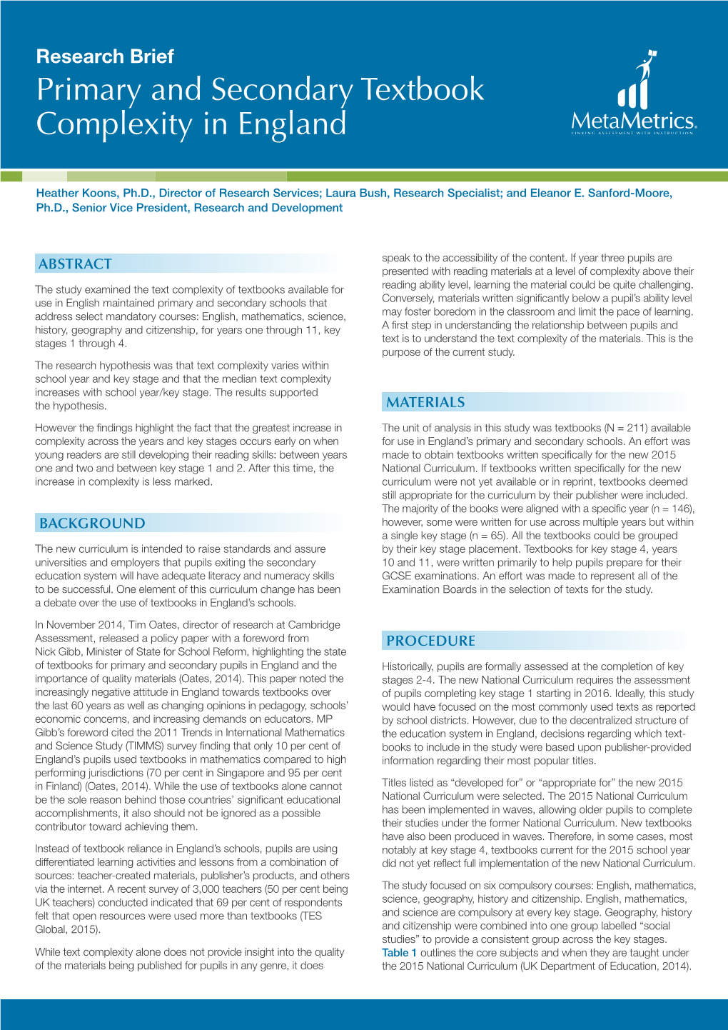 Primary and Secondary Textbook Complexity in England