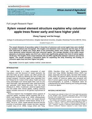 Xylem Vessel Element Structure Explains Why Columnar Apple Trees Flower Early and Have Higher Yield