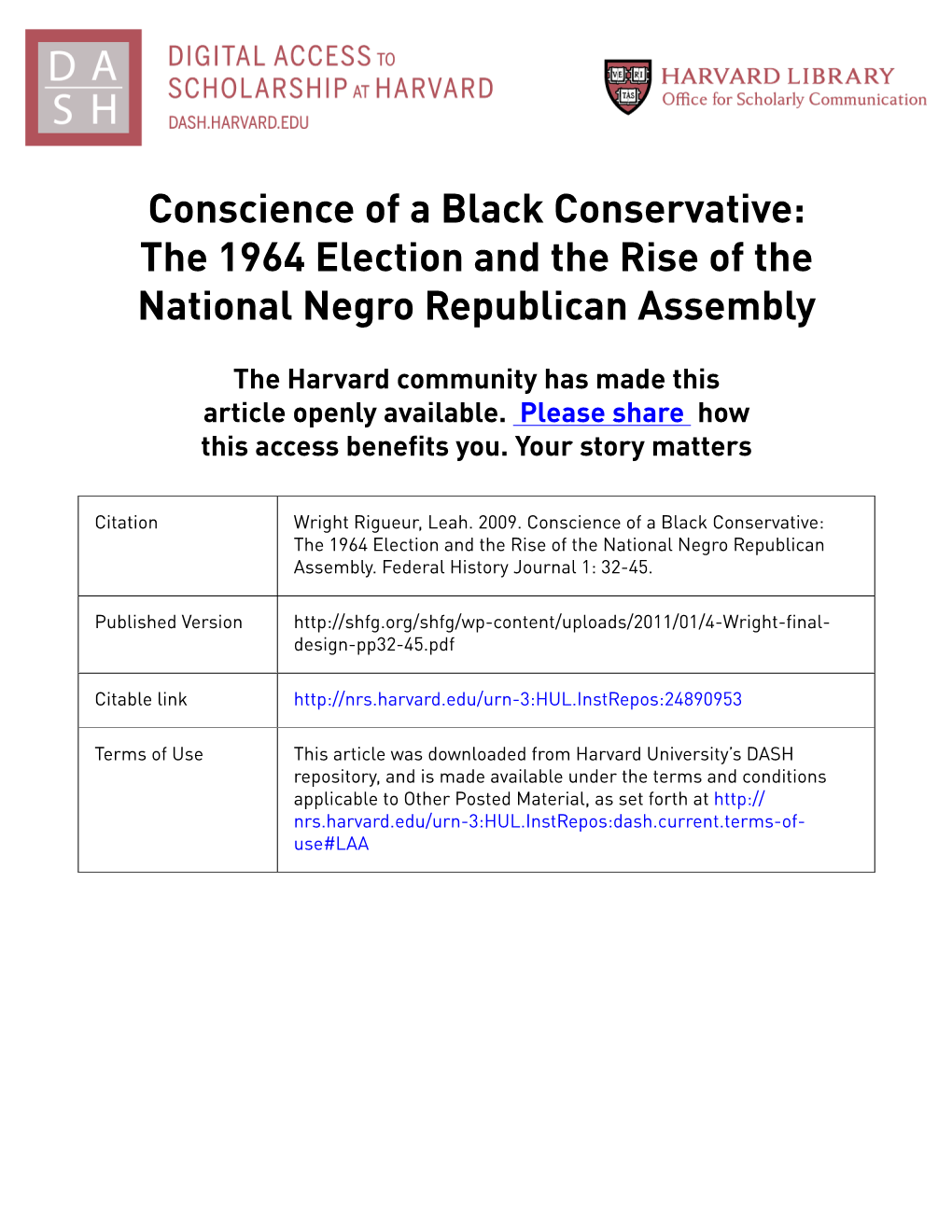 Conscience of a Black Conservative: the 1964 Election and the Rise of the National Negro Republican Assembly