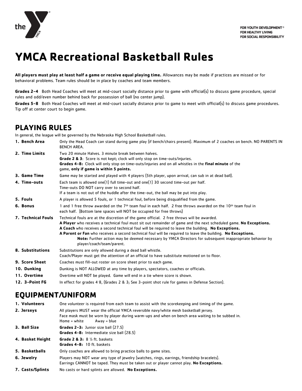 YMCA Recreational Basketball Rules