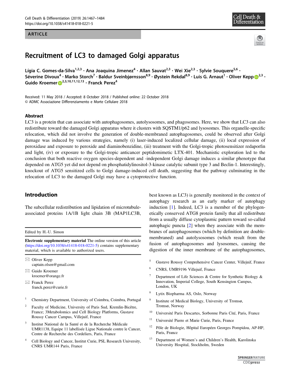 Recruitment of LC3 to Damaged Golgi Apparatus