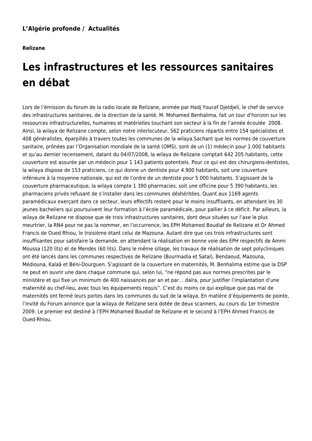 Les Infrastructures Et Les Ressources Sanitaires En Débat