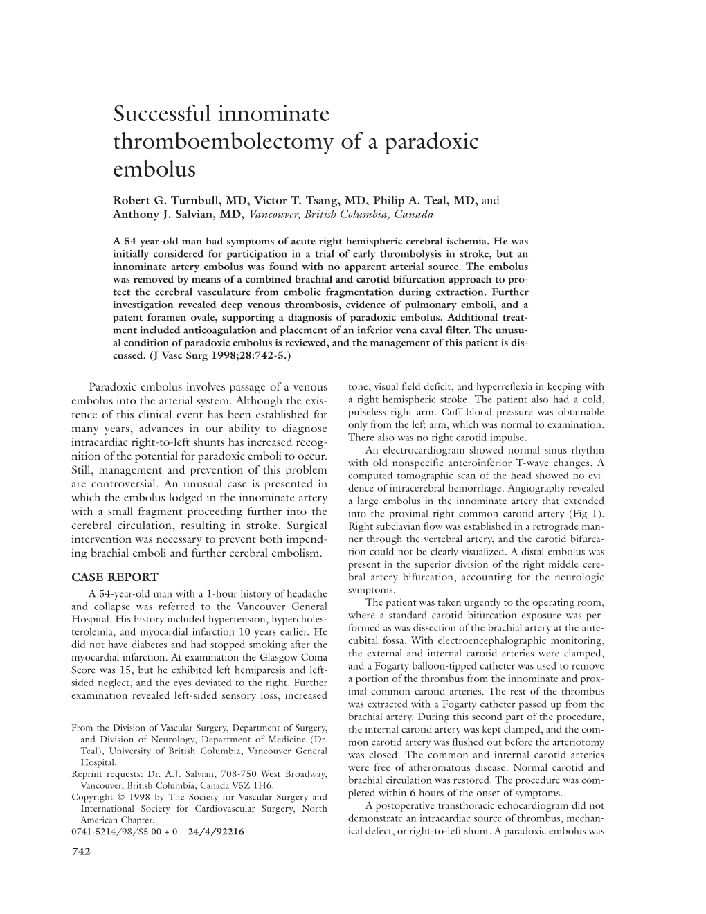 Successful Innominate Thromboembolectomy of a Paradoxic Embolus