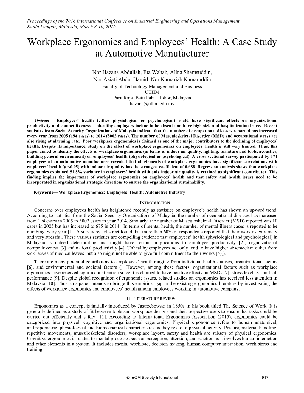 Workplace Ergonomics and Employees' Health: a Case Study At