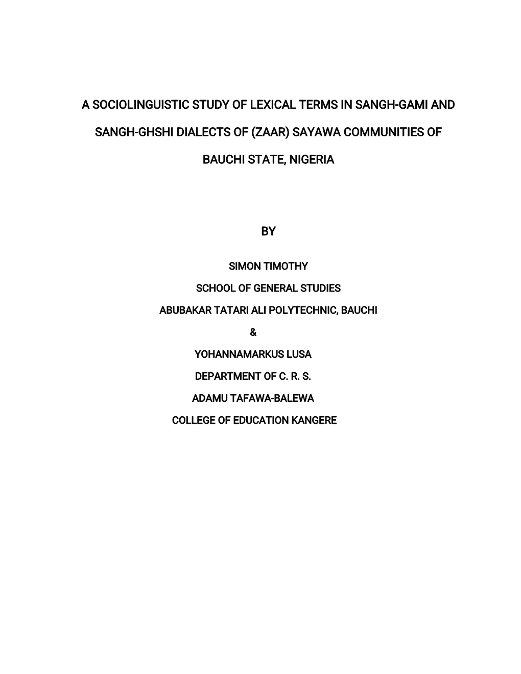 Sangh-Ghshi Dialects of (Zaar) Sayawa Communities Of