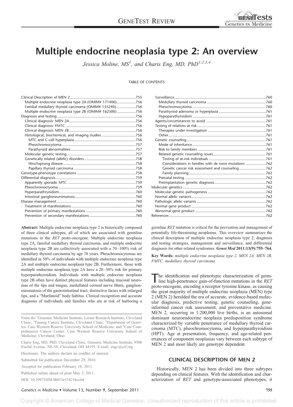 Multiple Endocrine Neoplasia Type 2: an Overview Jessica Moline, MS1, and Charis Eng, MD, Phd1,2,3,4