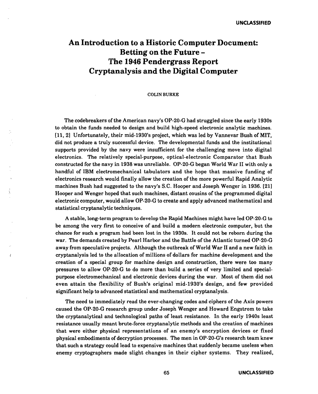 An Introduction to a Historic Computer Document: Betting on the Future - the 1946 Pendergrass Report Cryptanalysis and the Digital Computer