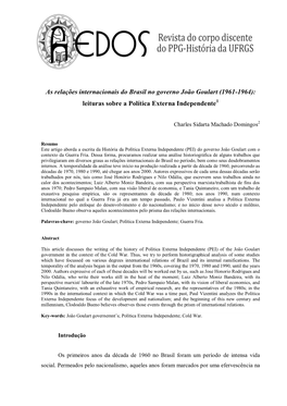 As Relações Internacionais Do Brasil No Governo João Goulart (1961-1964): Leituras Sobre a Política Externa Independente1