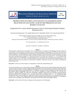 PRODUCTION of ETHYL LEVULINATE VIA ESTERIFICATION REACTION of LEVULINIC ACID in the PRESENCE of Zro2 BASED CATALYST