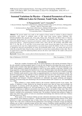 Chemical Parameters of Seven Different Lakes in Chennai, Tamil Nadu, India