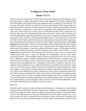 “Letting Go of Our Pride” Jonah 1:17-3:1 Today We Are in the Second Week of a Brief Study on the Book of Jonah in the Old Testament