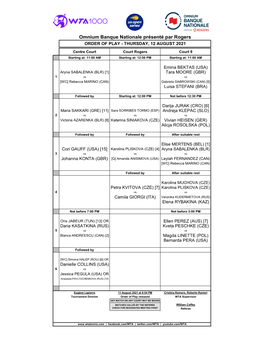 Omnium Banque Nationale Présenté Par Rogers ORDER of PLAY - THURSDAY, 12 AUGUST 2021