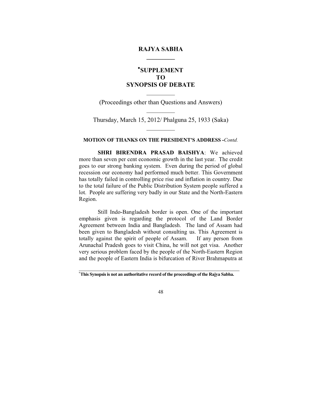 SUPPLEMENT to SYNOPSIS of DEBATE ______(Proceedings Other Than Questions and Answers) ______Thursday, March 15, 2012/ Phalguna 25, 1933 (Saka) ______