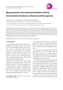 Measurements of Environmental Radon Activity Concentration Outdoors in Bosnia and Hercegovina
