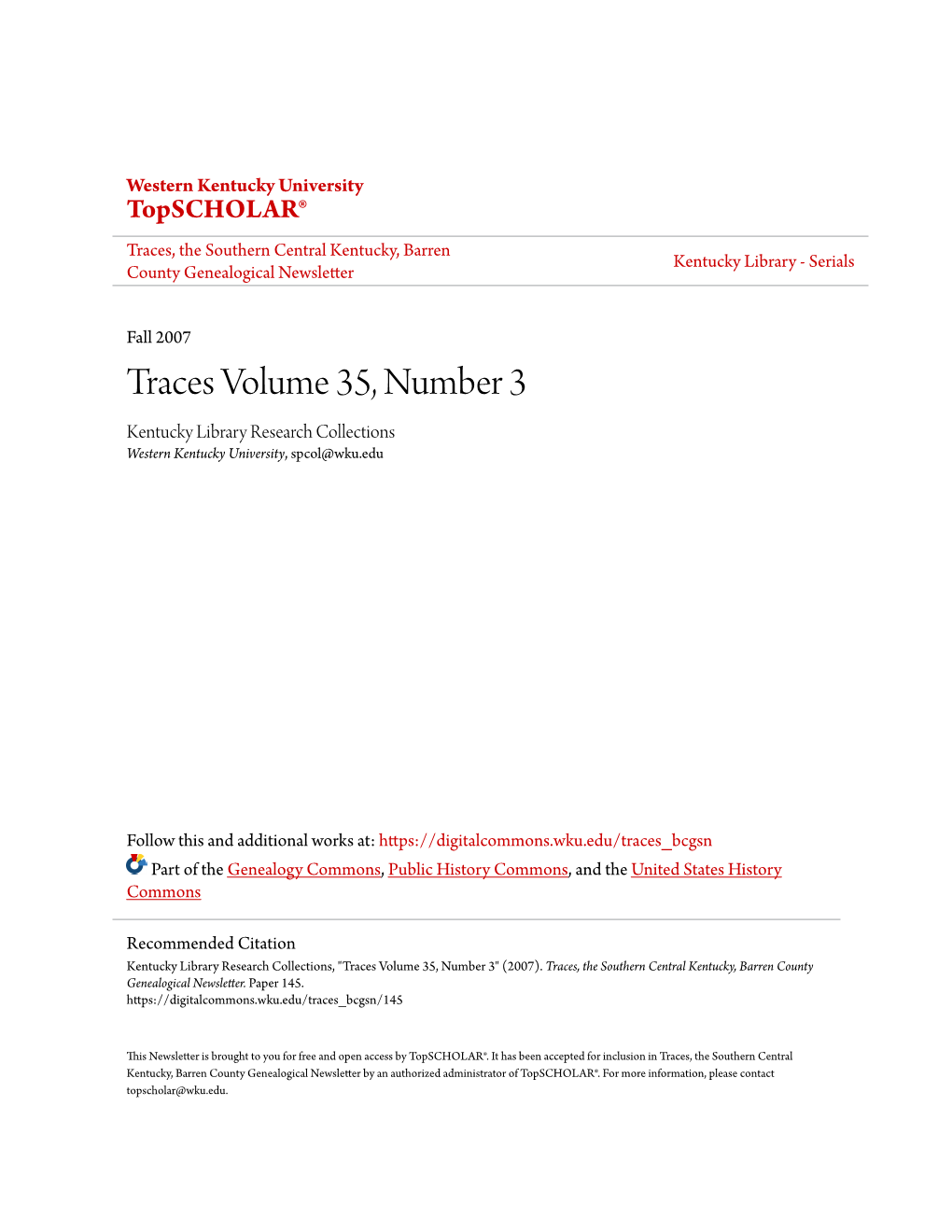 Traces Volume 35, Number 3 Kentucky Library Research Collections Western Kentucky University, Spcol@Wku.Edu