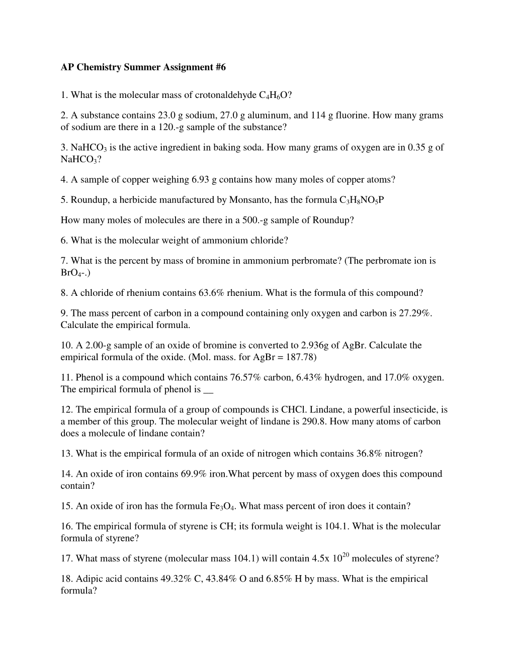 AP Chemistry Summer Assignment #6 1. What Is the Molecular Mass Of