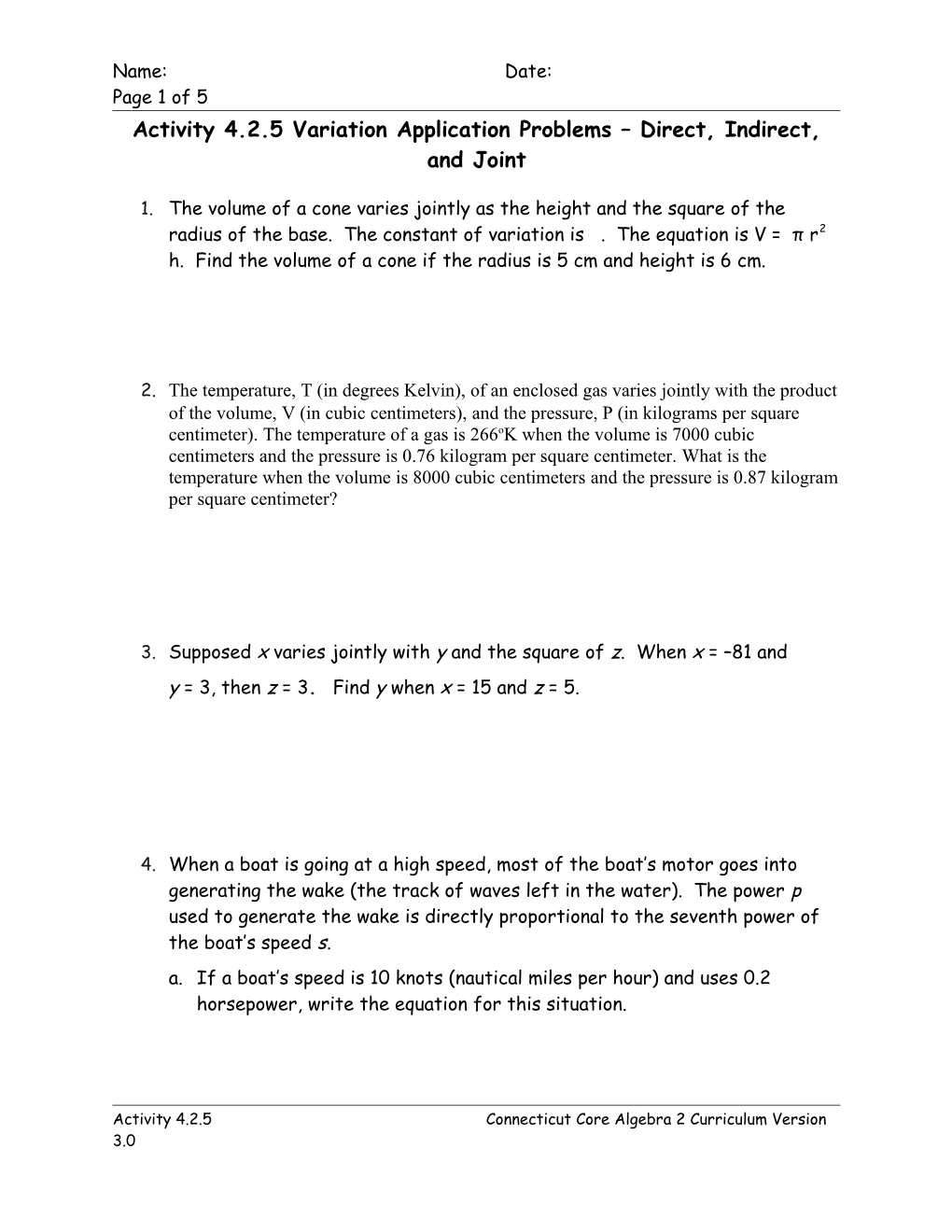 Activity 4.2.5 Variation Application Problems Direct, Indirect, and Joint