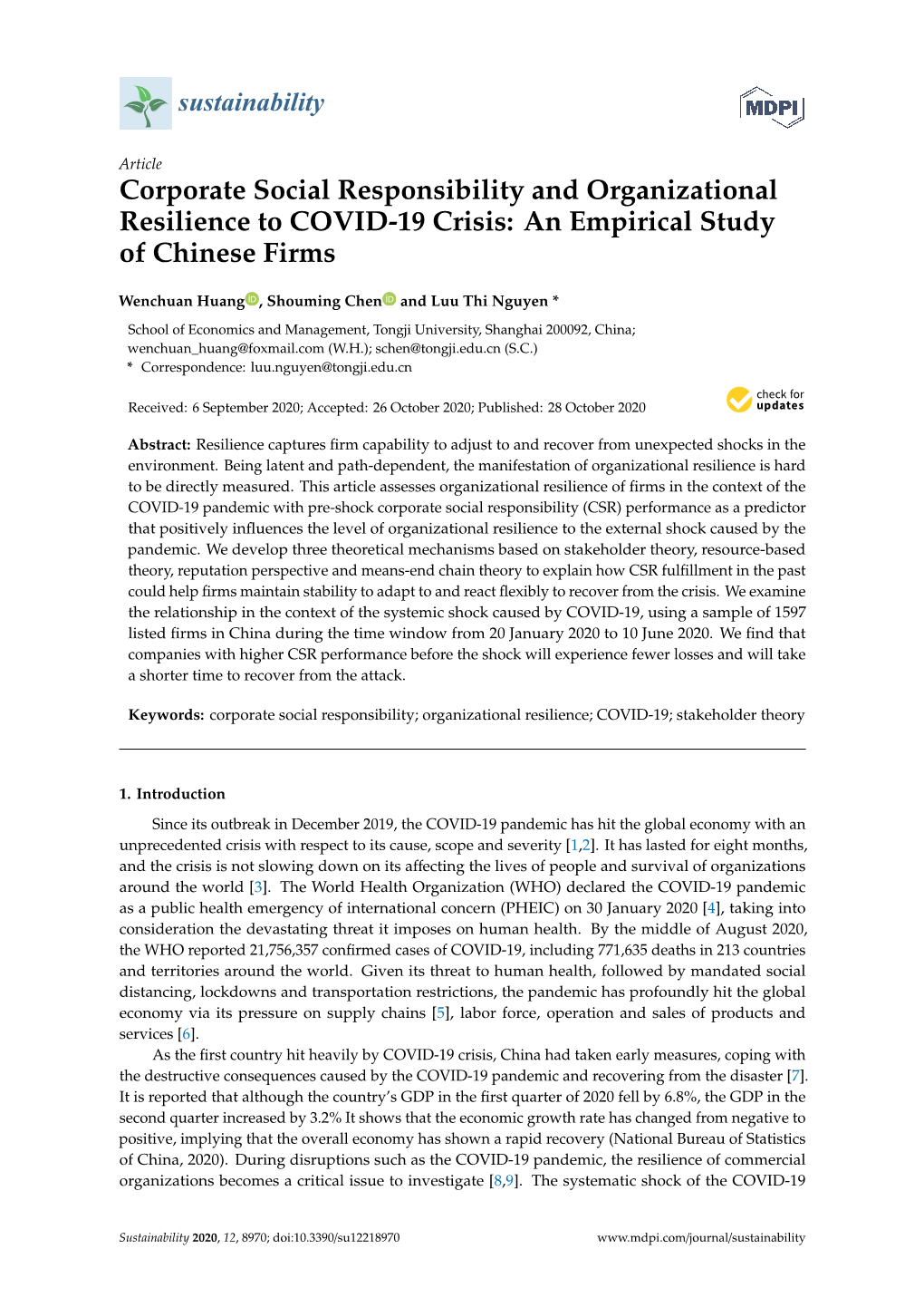 Corporate Social Responsibility and Organizational Resilience to COVID-19 Crisis: an Empirical Study of Chinese Firms