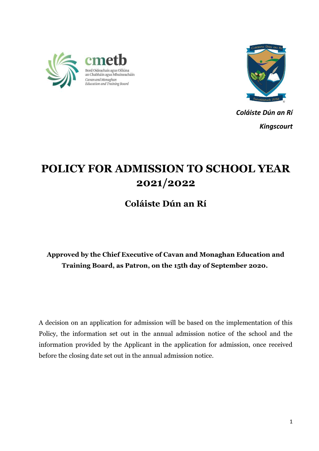 Policy for Admission to School Year 2021/2022