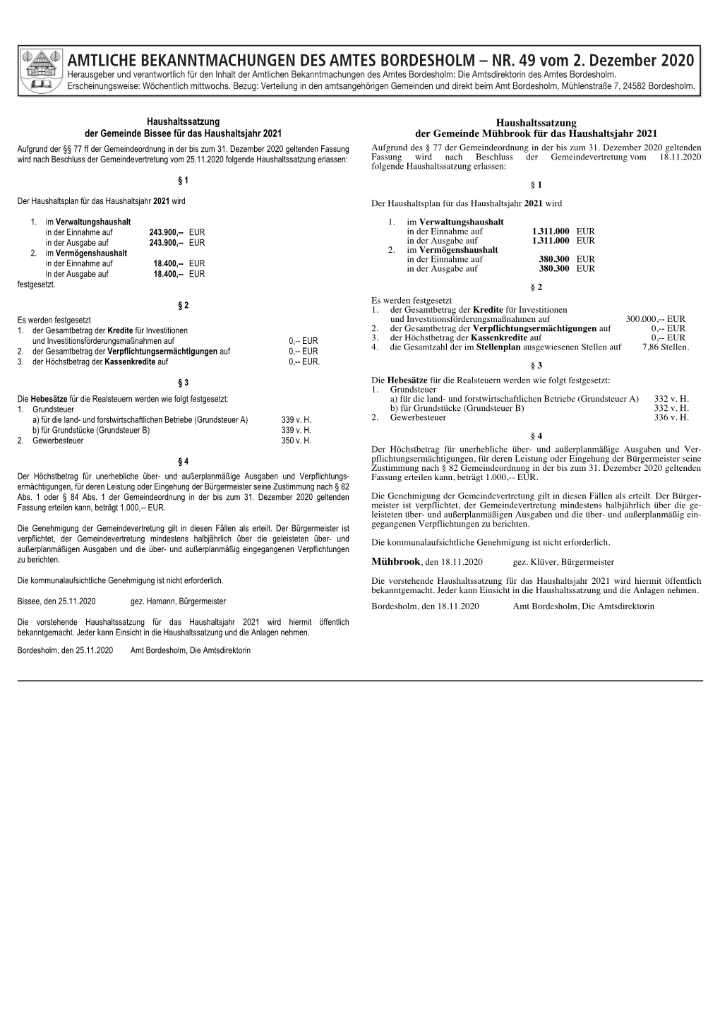 NR. 49 Vom 2. Dezember 2020 Herausgeber Und Verantwortlich Für Den Inhalt Der Amtlichen Bekanntmachungen Des Amtes Bordesholm: Die Amtsdirektorin Des Amtes Bordesholm