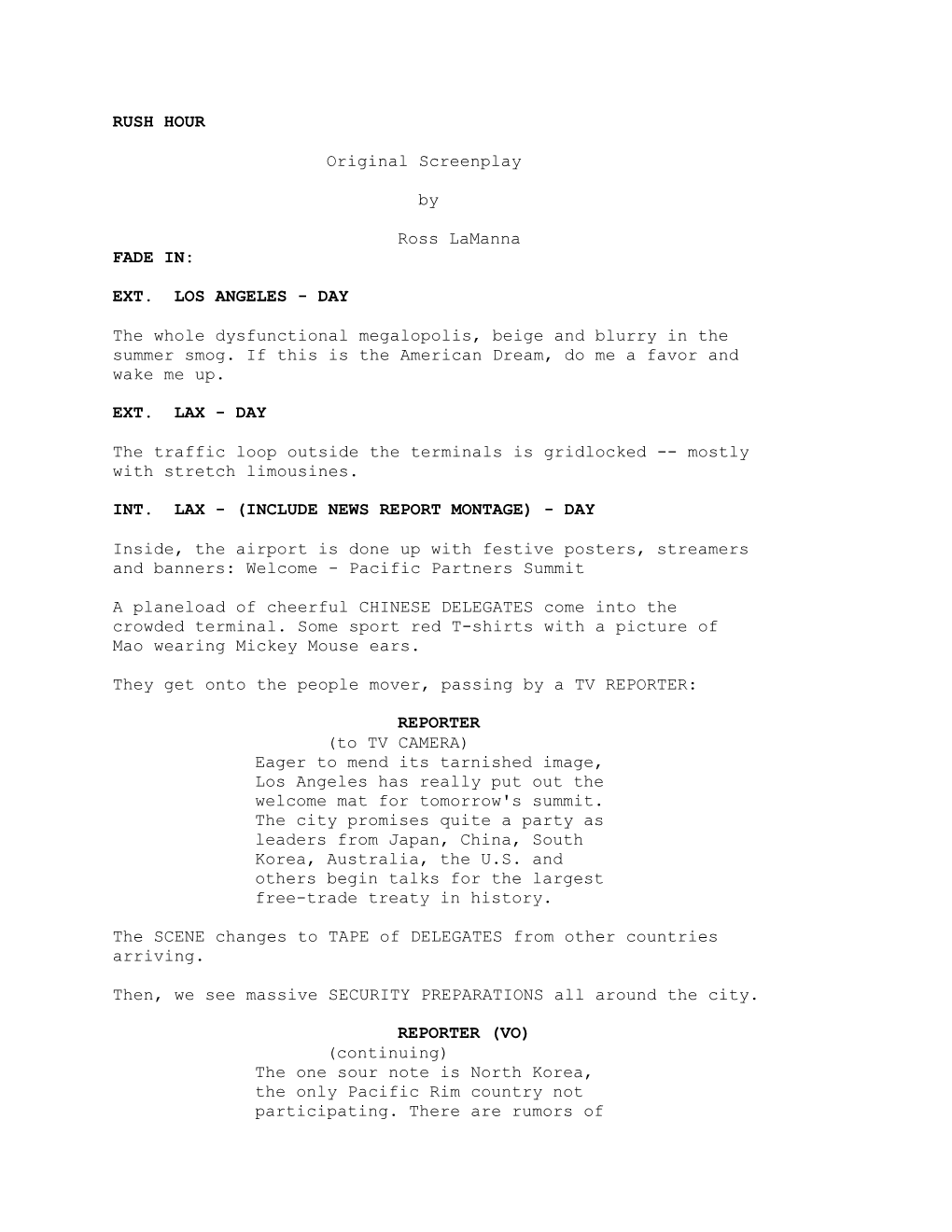 RUSH HOUR Original Screenplay by Ross Lamanna