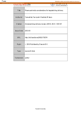 Title Pharmacokinetic Considerations for Targeted Drug Delivery. Author(S)