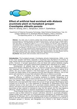 Effect of Artificial Feed Enriched with Alstonia Acuminata Plant on Humpback Grouper Cromileptes Altivelis Parents Abdul M