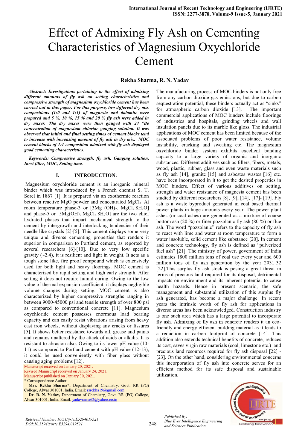 Effect of Admixing Fly Ash on Cementing Characteristics of Magnesium Oxychloride Cement