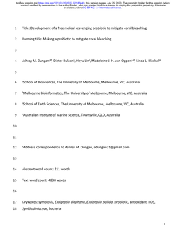 Development of a Free Radical Scavenging Probiotic to Mitigate Coral Bleaching