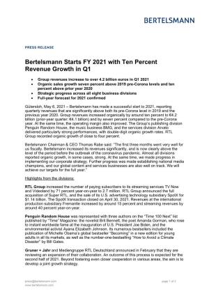 Bertelsmann Starts FY 2021 with Ten Percent Revenue Growth in Q1