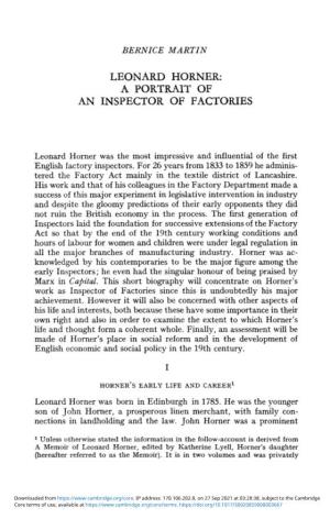 Leonard Horner: a Portrait of an Inspector of Factories