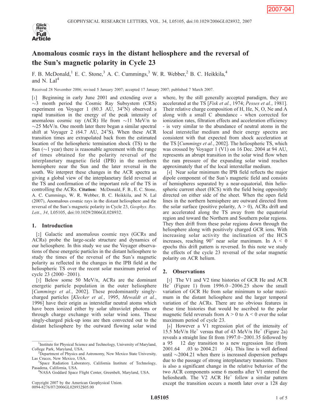 Anomalous Cosmic Rays in the Distant Heliosphere and the Reversal of the Sun’S Magnetic Polarity in Cycle 23 F