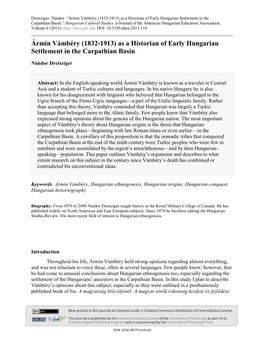 Ármin Vámbéry (1832-1913) As a Historian of Early Hungarian Settlement in the Carpathian Basin.” Hungarian Cultural Studies