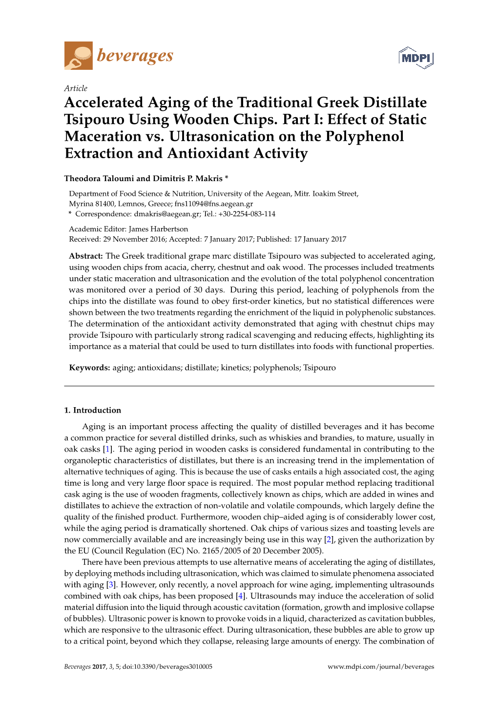 Accelerated Aging of the Traditional Greek Distillate Tsipouro Using Wooden Chips