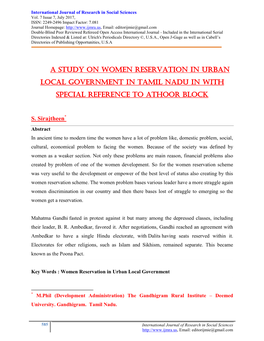 A Study on Women Reservation in Urban Local Government in Tamil Nadu in with Special Reference to Athoor Block