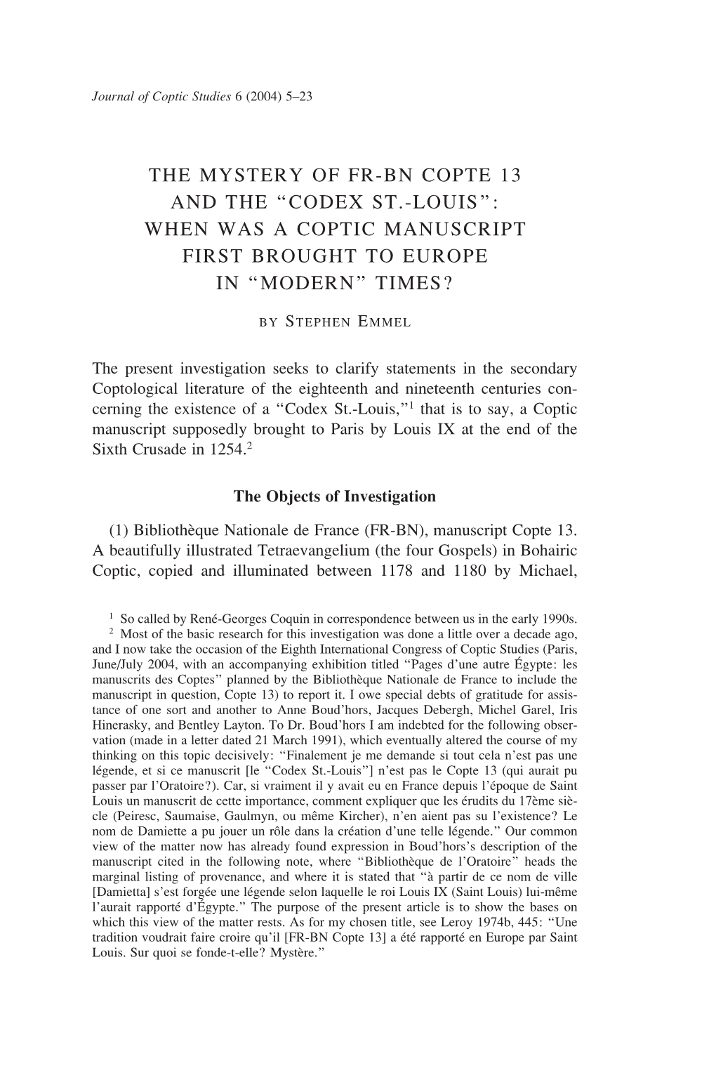 The Mystery of Fr-Bn Copte 13 and the “Codex St.-Louis”: When Was a Coptic Manuscript First Brought to Europe in “Modern” Times?