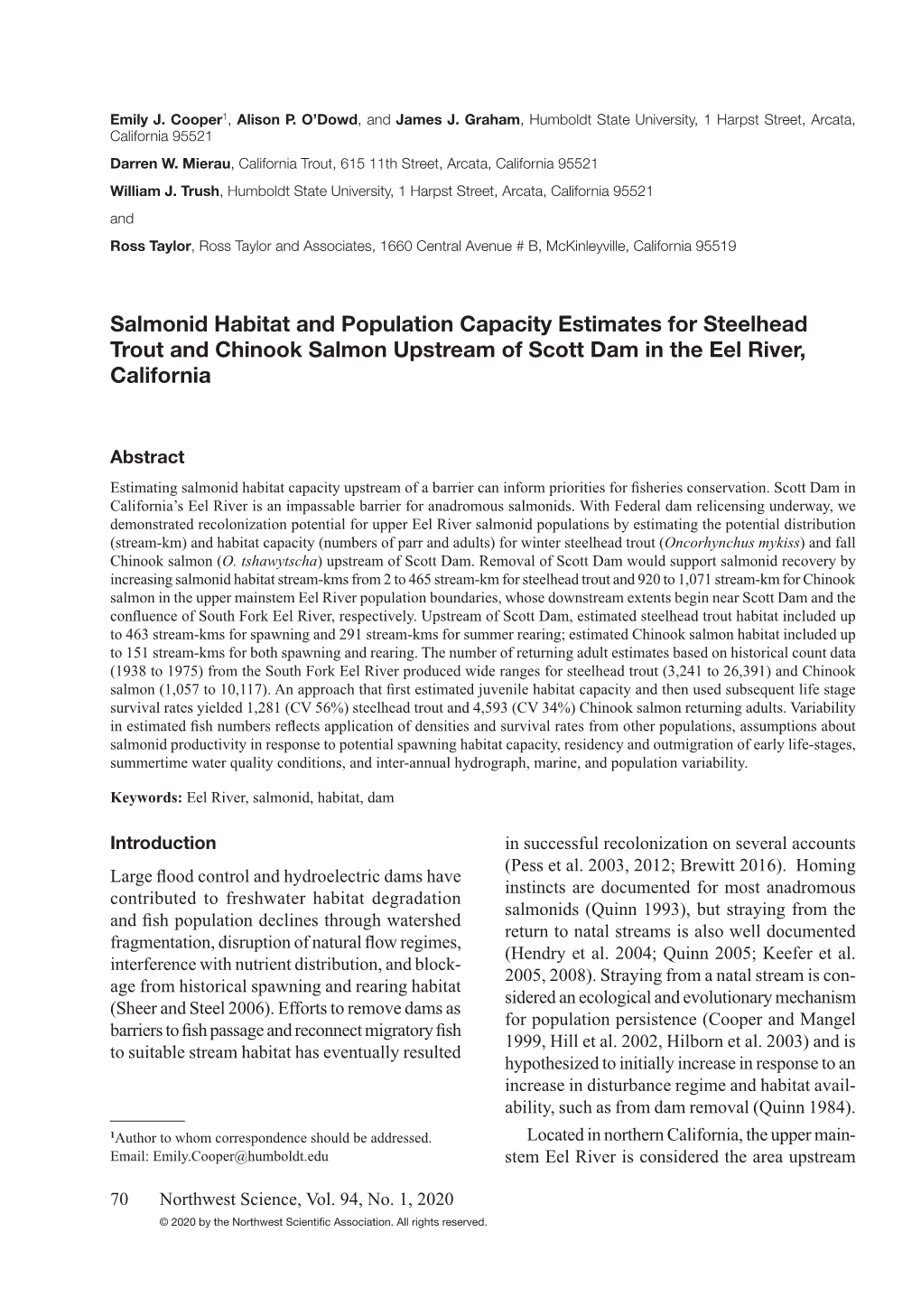 Salmonid Habitat and Population Capacity Estimates for Steelhead Trout and Chinook Salmon Upstream of Scott Dam in the Eel River, California