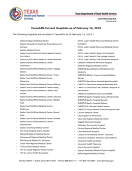 Texasaim Current Hospitals As of February 14, 2019