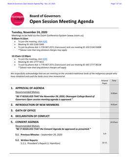 Open Session Meeting Agenda