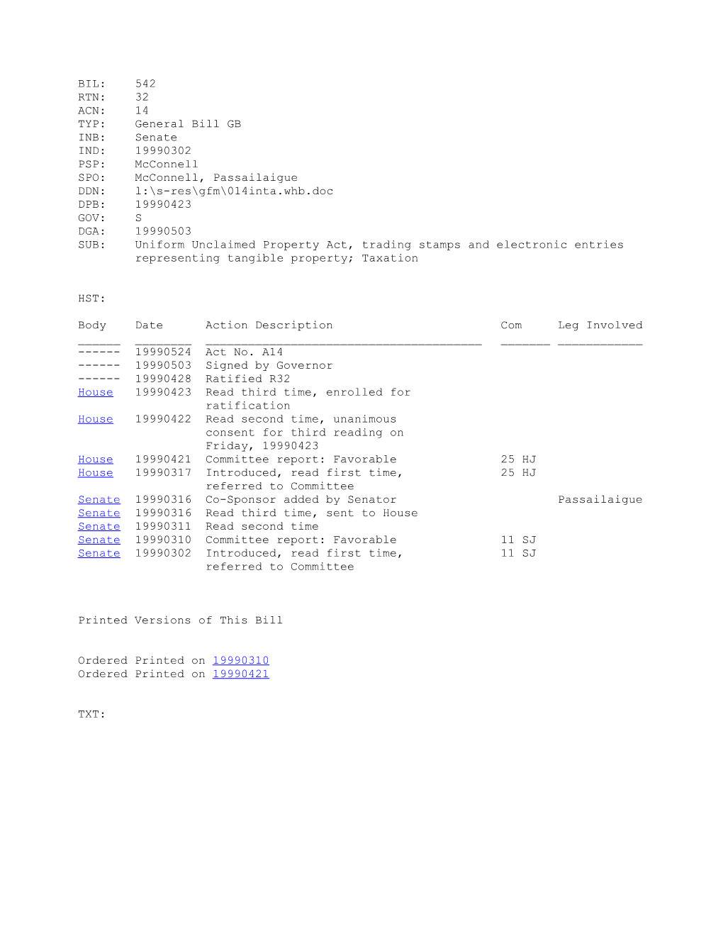 1999-2000 Bill 542: Uniform Unclaimed Property Act, Trading Stamps and Electronic Entries