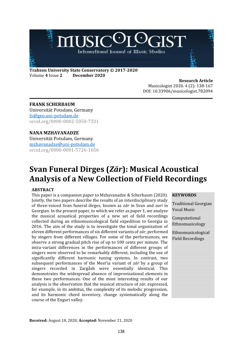 Svan Funeral Dirges (Zär): Musical Acoustical Analysis of a New Collection of Field Recordings