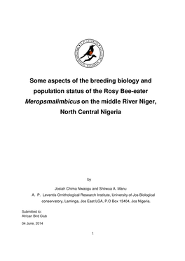 Some Aspects of the Breeding Biology and Population Status of the Rosy Bee-Eater Meropsmalimbicus on the Middle River Niger, North Central Nigeria