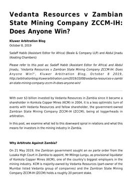 Vedanta Resources V Zambian State Mining Company ZCCM-IH: Does Anyone Win?